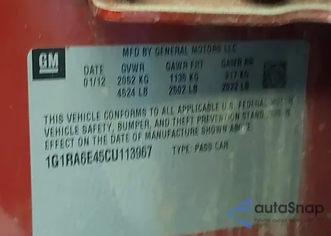 2012 Chevrolet Volt z USA, uszkodzony, nr VIN 1G1RA6E45CU113967